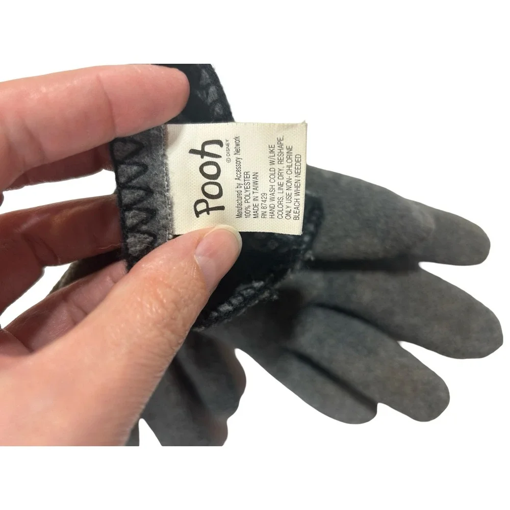 Vintage Disney Winnie the Pooh Fleece Gloves Gray Embroidered Winter One Size